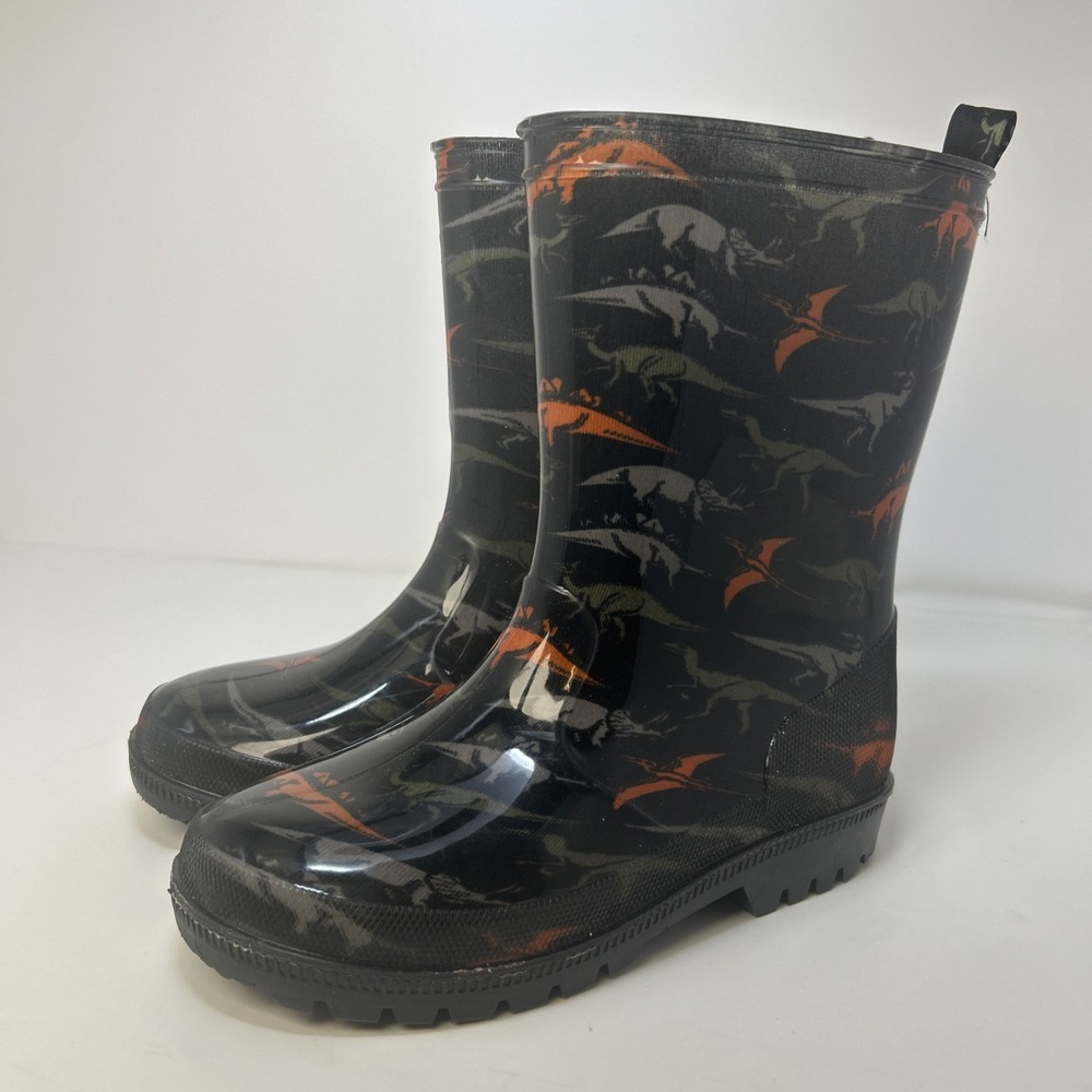Capelli New York‎ Boys Dinosaur Rain Boots Size 3 Kids Black Orange Waterproof